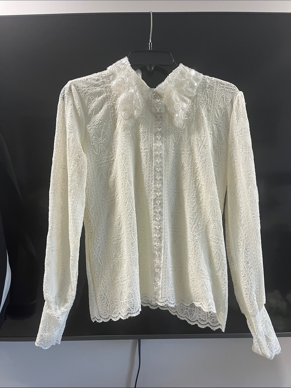Ivory Lace Long-Sleeve Blouse with Pearl-Front Detail